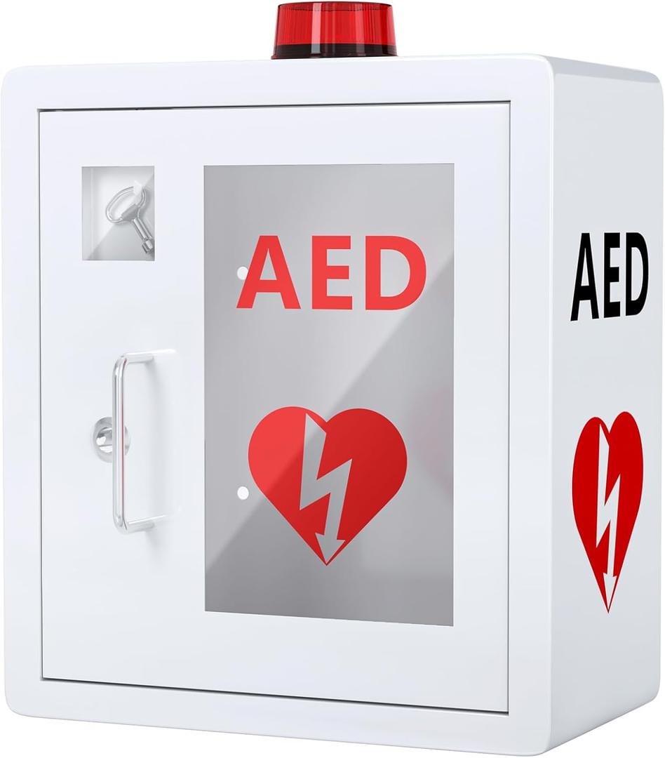 AED Defibrillator Wall Mounted Cabinet, Metal Steel Plate Storage Cabinet with Alarm and Light, fits All Brands Cardiac Science, 14.2'' x 7.9'' x 15.8''