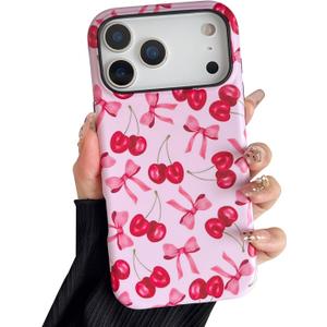 Compatible with iPhone 17 Pro Case, Cute Pink Cherry Bow Pattern with Shockproof Slim Soft TPU and Hard PC Protective Cover for Women Compatible with iPhone 17 Pro Case, Frosted