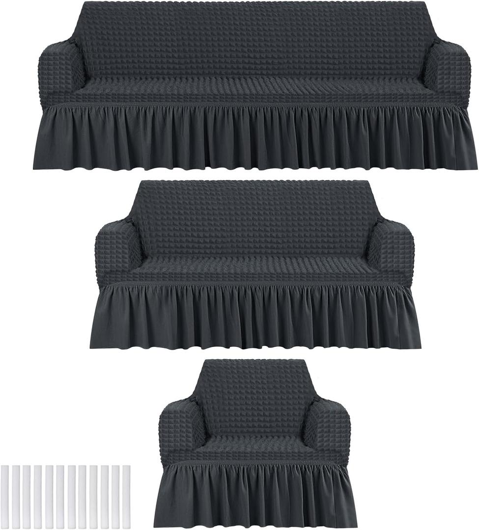 3 Pcs Sofa Slipcover Set for Couch Cushion Durable Washable High Elastic Stretchable Furniture Couch Covers with Skirt for Sofa Loveseat Arm Chair(Dark Gray, Seersucker)