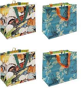 Earthwise Reusable Grocery Shopping Bags Extremely Durable Multi Use Large Stylish Fun Foldable Water-Resistant Totes, (Designs May Vary) 4 Packs