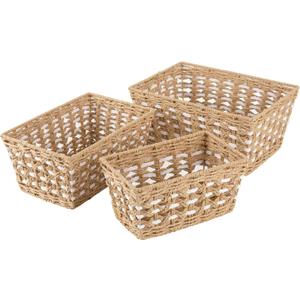 OIAHOMY Wicker Storage Baskets, Paper Rope Shelf Bins, Decortive Baskets for Organizing, Set of 3-Yellow & White (Medium)