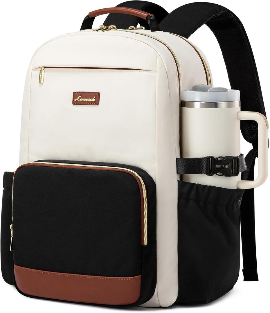 LOVEVOOK Laptop Backpack for Women with Pouch Pocket for Large Capacity Cup, 15.6 Inch Laptop Computer Bag Travel Backpack Purse, Waterproof Work Business Backpack College Teacher Bags, Beige-Black-Brown