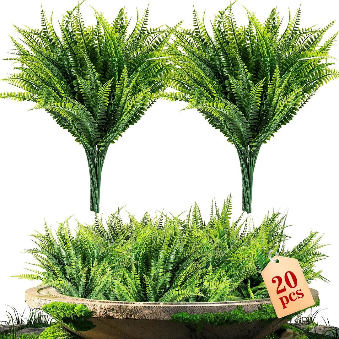 MAQIHAN 20 PCS Fake Fern - Artificial Ferns for Outdoors Faux Ferns for Outdoors Planter Large Outdoor Patio Decor Boston Fern Artificial Plants Faux Greenery Outdoor Porch Decor