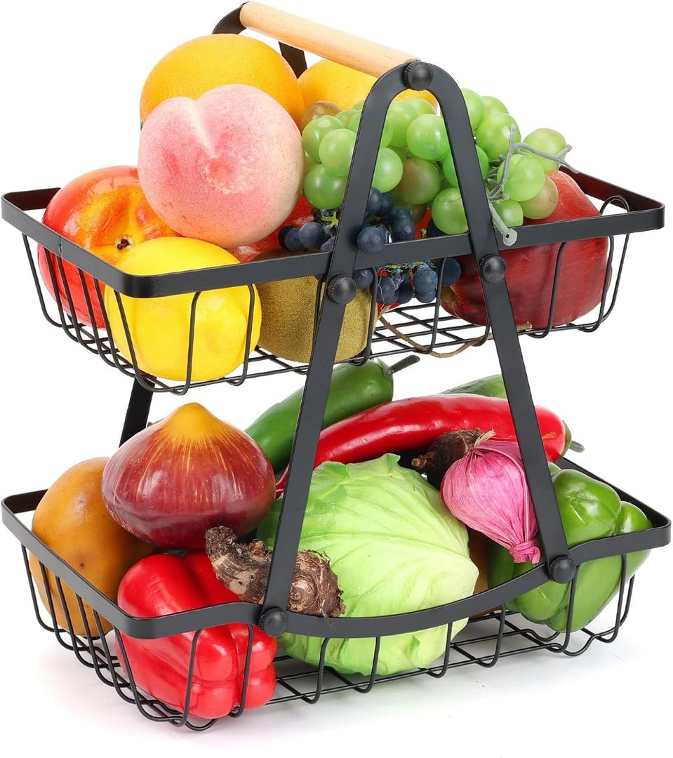 2 Tier Fruit Basket, Detachable Metal Fruit Bowl Holder Vegetable Basket Stand with Wood Handle for Kitchen Counter, Large Capacity Fruit Storage Stand Organizer for Produce Bread Snack, Black