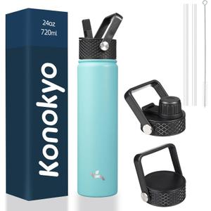 Insulated Water Bottle 24oz Stainless Steel Sport Bottles with 3 Lids,Turquoise
