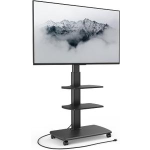 FITUEYES Rolling TV Stand with Power Outlets, Swivel Portable TV Stand for 32-70 Inch LCD LED OLED Flat/Curved Panel Screen TVs, Height Adjustable&Wood Base, Mobile TV Cart with 2 Shelves, Black