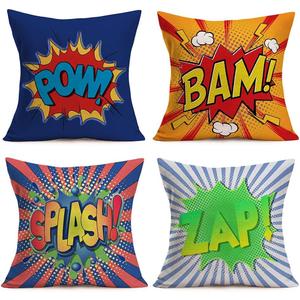 Super Hero Quote Pillow Covers 18" x 18" Set of 4 Pow/Bam/Splash/Zap with Exclamation Pattern Art Comic Design Decorative Throw Pillow Covers Cushion Case for Sofa Couch