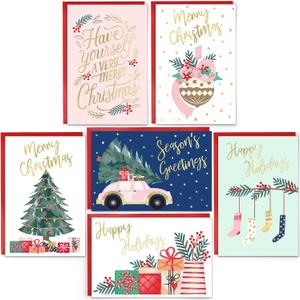 24 Pack Gold Foil Christmas Cards with Envelopes and Inside Messages 6 Assorted Designs Christmas Cards Bulk for Friends, Family, Kids, Boys, Girls.