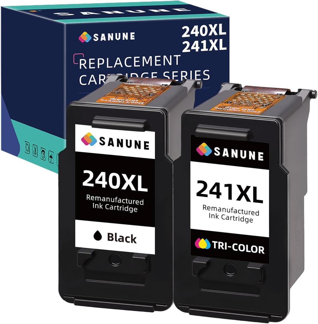 Remanufactured Ink Cartridge Replacement for Canon 240XL 241XL Combo Pack for MG3620 MG3600 MG3520 MG3222 TS5120 MX472 MX452 MX532 Canon Printer Ink 240 241 (1 Black, 1 Tri-Color)