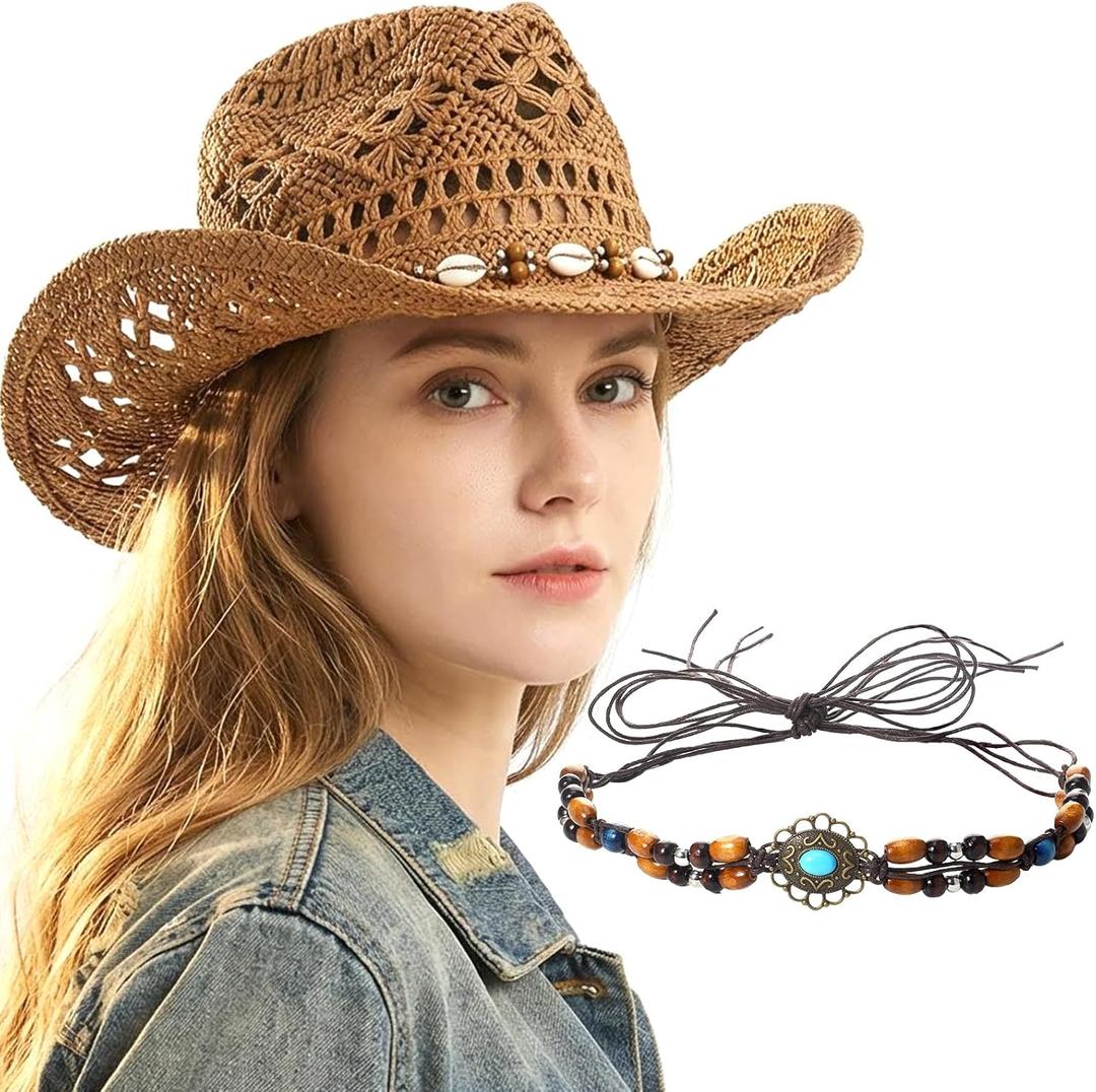 Straw Cowgirl Hat with Two Decorative Bands, Western Wide Brim Straw Cowboy Hat for Women Light Brown