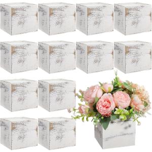 Suzile 12 Set 4 Inch Wooden Planter Box Flower Square vases for Centerpiece Rustic Cube Planter Box with Removable Foam Blocks Liner Square Vase Craft for Garden Home(White)