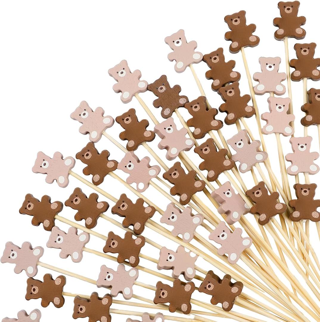 WILLBOND 200 Pcs Bear Cocktail Picks Food Picks Cocktail Toothpicks Bamboo Fruit Forks for Fruits Dessert Baby Shower Birthday Christmas Thanksgiving Wedding Party Supplies