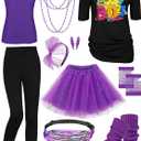 AOTHSO 24 Pieces Halloween Women 80s Costume Accessories Set 80s Cosplay T-Shirt Tutu Pants Racerback Top Fanny Pack Gloves (XX-Large, Black+purple)