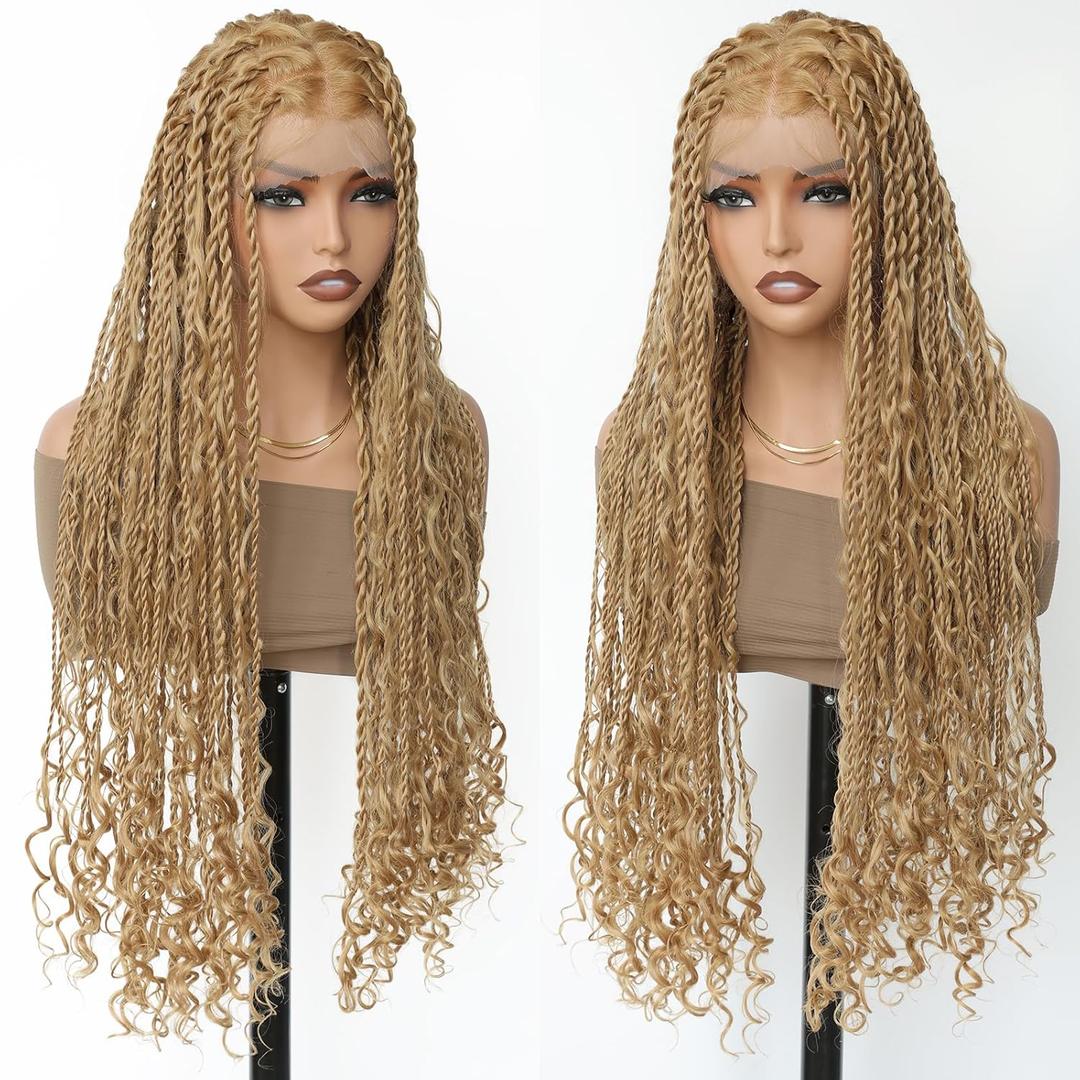 FABLLE 30 Inch Boho Braided Wigs for Black Women Knotless Boho island Twist Wig Single Full Lace Square Box Honey Blonde Braids Wig Pre Plucked with Baby Hair Beginner Friendly
