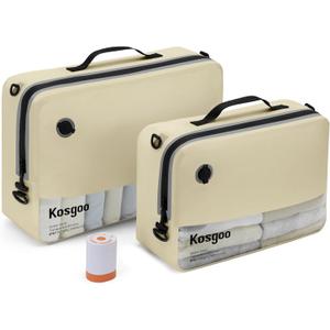 Vacuum Compression Bags for Travel with Pump Reusable for Carry-on Suitcase Backpack Home Storage, IP67 Waterproof, Wide Opening, Transparent Window (2 Pack + Pump Beige)