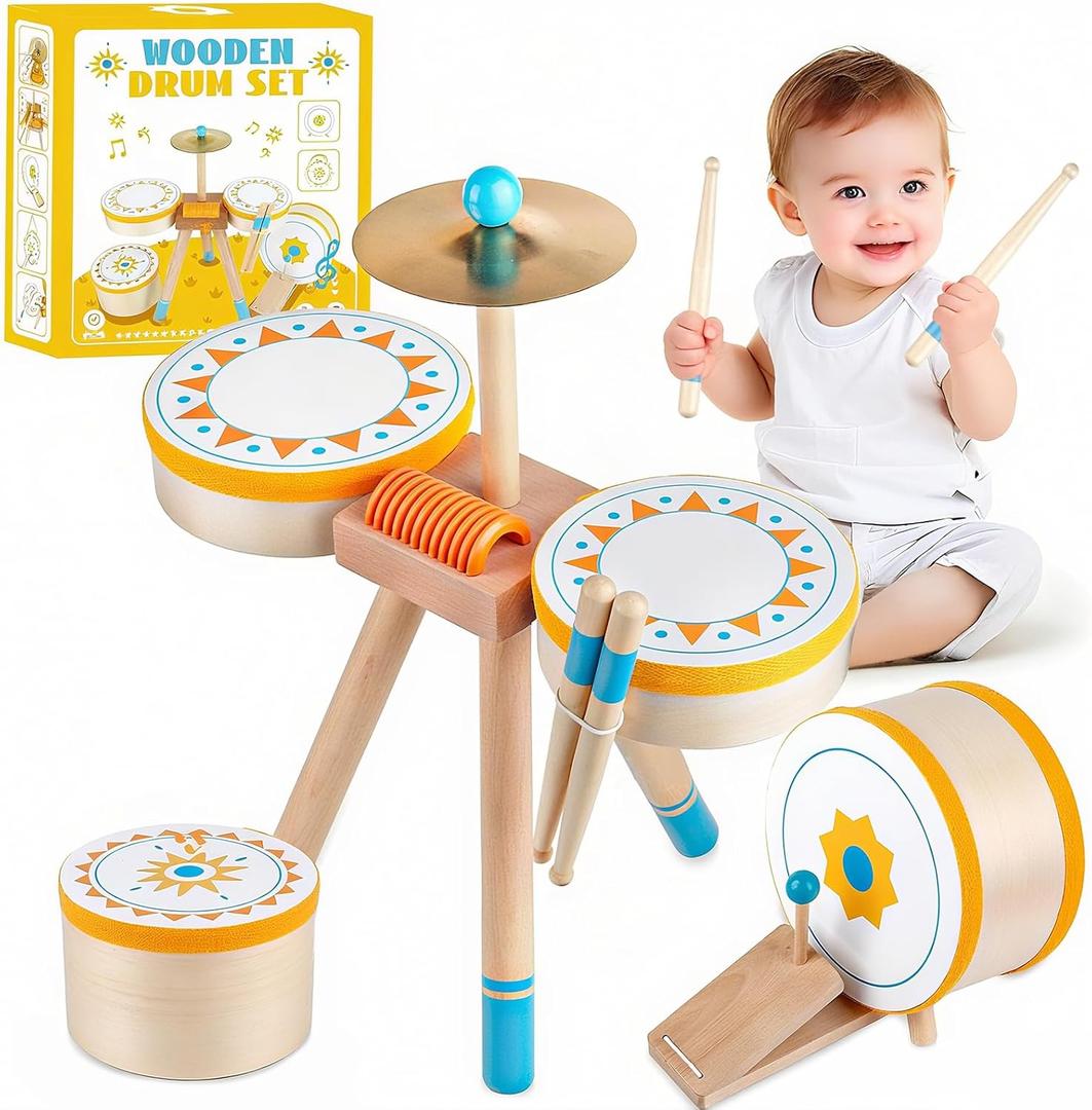 Toddlers Drum Set Toy for 1 2 3 Years Old ,Kids Wooden Jazz Drum for Toddlers Montessori Musical Instruments for Boy Girl, Percussion Set Baby Musical Toys, Birthday Gift for 1 2 3+ Kids Baby (Multicolor)