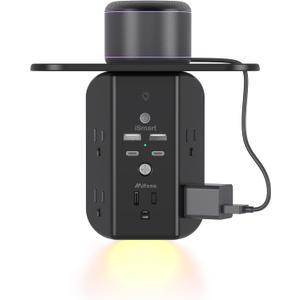 Wall Outlet Extender with Shelf and Night Light, Surge Protector, USB Wall Charger with 5 AC Outlets and 2 USB A Ports 2 USB C Ports Wide Space 3-Sided Power Strip Multi Plug Outlets, Black