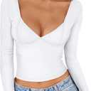 Trendy Queen Womens Tops Trendy Fashion Clothes Going Out Long Sleeve Shirts V Neck Basic Y2K Cute Shirt Slim Fitted Corset (Medium, White)