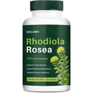 soluma Rhodiola Rosea 400mg Capsules, Adaptogen Supplement for Stress, Focus & Energy Support, Non-GMO, 60 Capsules, BBD: 01/2027