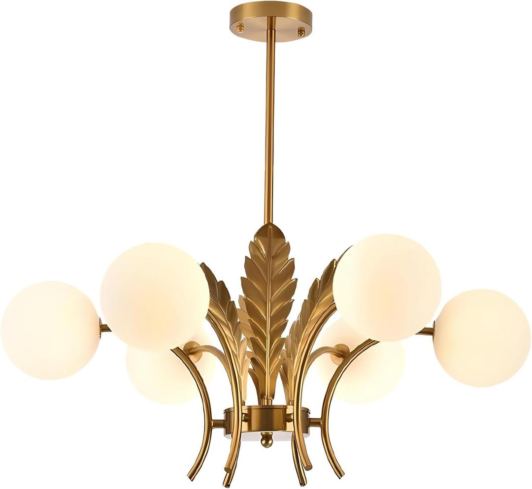 BOKT Mid Century Milk Glass Chandelier Gold G9 Ceiling Chandelier Light Industrial Metal Adjustable Pendant Lighting Farmhouse Large Globe Flush Mount Light Fixture for Dining Room Kitchen Indoor (6 Light-White)