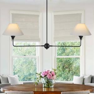 HuisMier Modern Linear Chandelier for Kitchen Island, 2-Light Black Linear Dining Room Light Fixture with Off-White Fabric Shade, Rustic Pendant Light for Dining Room, Restaurant, Living Room, Bedroom