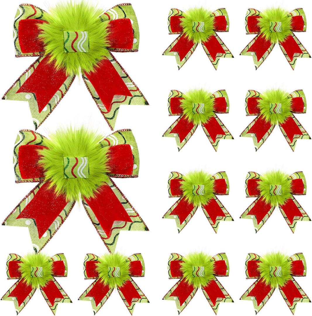 12 Pcs Red Green Christmas Bows Christmas Tree Decoration Lime Green Wreaths Velvet Bow Tree Topper with Fluffy Ornaments for Xmas Party (Classic)