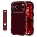 NITITOP Compatible for iPhone 17 Pro Case Cute Simple Wave Design Stylish Wavy Curly Frame with Wrist Adjustable Hand Strap Kickstand Grip Holder Soft Silicone Protective Cover - Wine Red