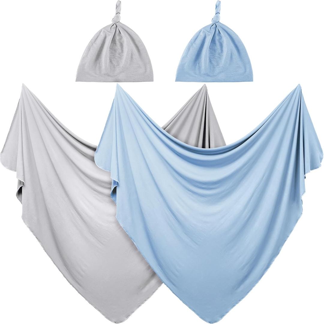 JaGely 2 Pcs Stretchy Baby Swaddle Blankets Set Extra Soft 47" x 47" Baby Newborn Swaddle Blanket and Hat(Light Gray, Light Blue)