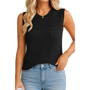 QUALFORT Sleeveless Tank Tops for Women, Crochet Summer Sweater Vest, Hollow Out Knit Casual Shirts, Beach Vacation Outfits (Black, XL)