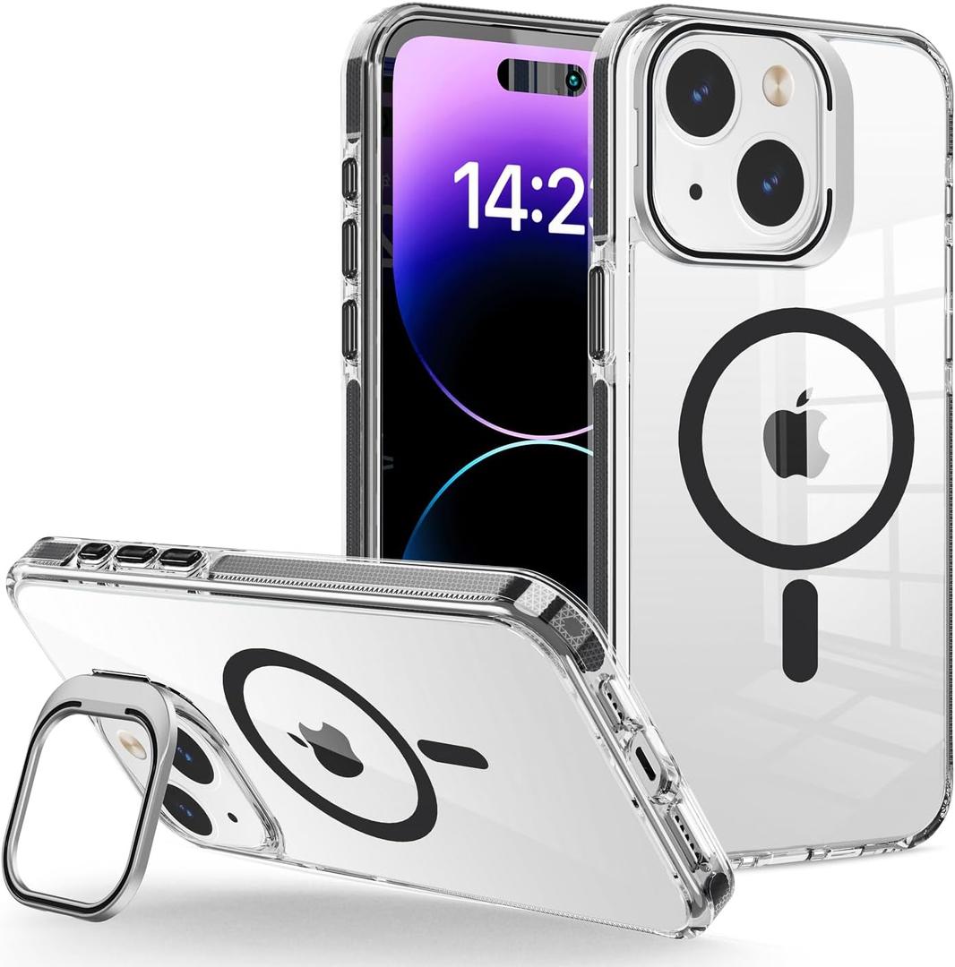 for iPhone 15 Case, [Compatible with MagSafe], Magnetic Kickstand Case for Women Girls, Case for iPhone 15, 6.1", Clear Black