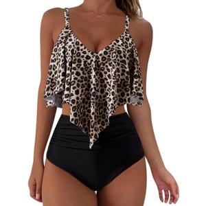 SUUKSESS Women Ruffle High Waisted Tankini Swimsuits Tummy Control Bathing Suit (Medium, 98 Black Leopard)