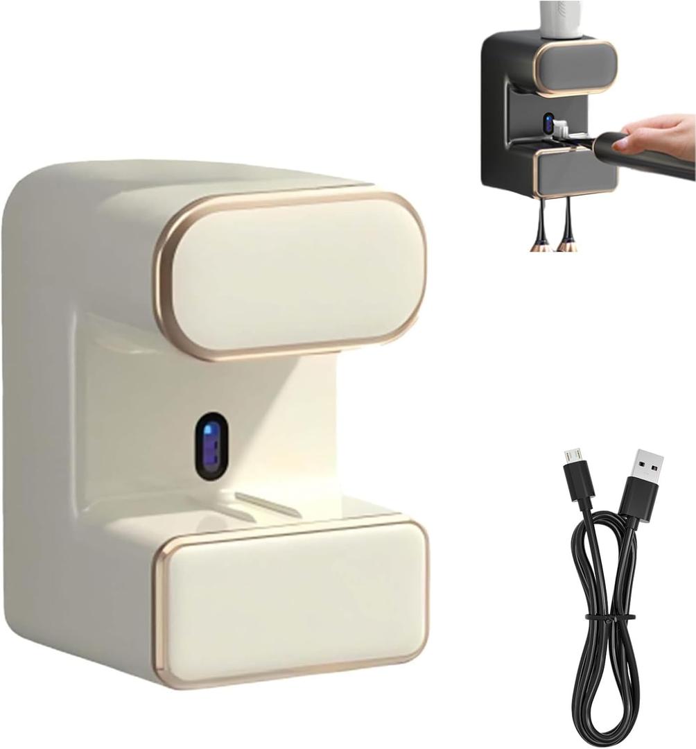 Smart Toothpaste Stand Dispenser, Automatic Touch-Free Toothpaste Dispenser with Wall Mounted Toothbrush Holder, Rechargeable Bathroom Organizer for Home Shower Dorm (White)