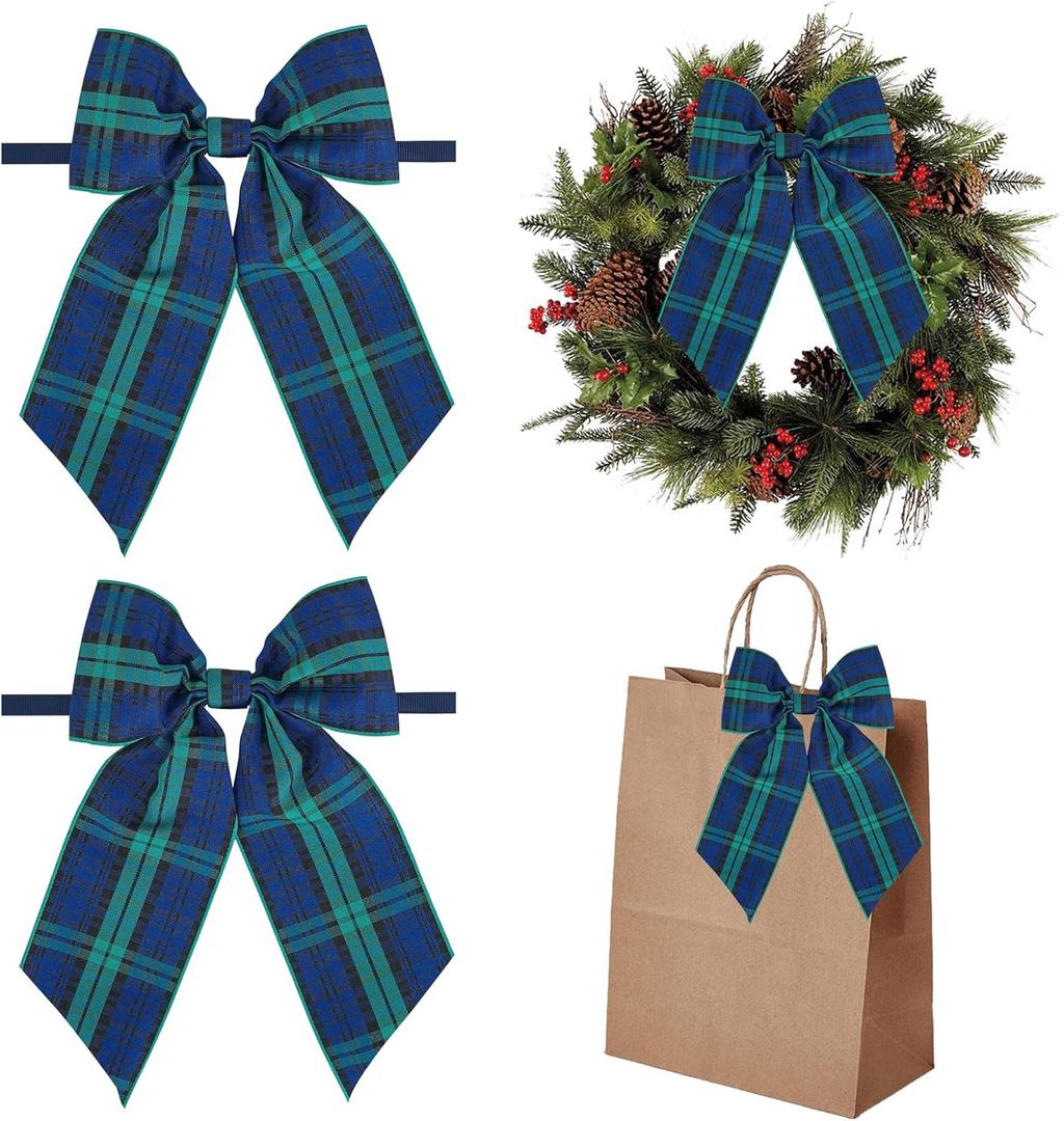 AIMUDI Christmas Bows for Gift Wrapping 69'' Navy Blue Green Plaid Bows for Christmas Tree Wreath Bows with Wire Edge Premade Bows for Craft Present Fireplace Holiday Christmas Decorations, 10 PCs