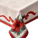 YiHomer Poinsettia Ribbon Engineered Printed Fabric Christmas Tabletop for Xmas Winter Holiday, Christmas Time, Tablecloth, 52 x 52 Square