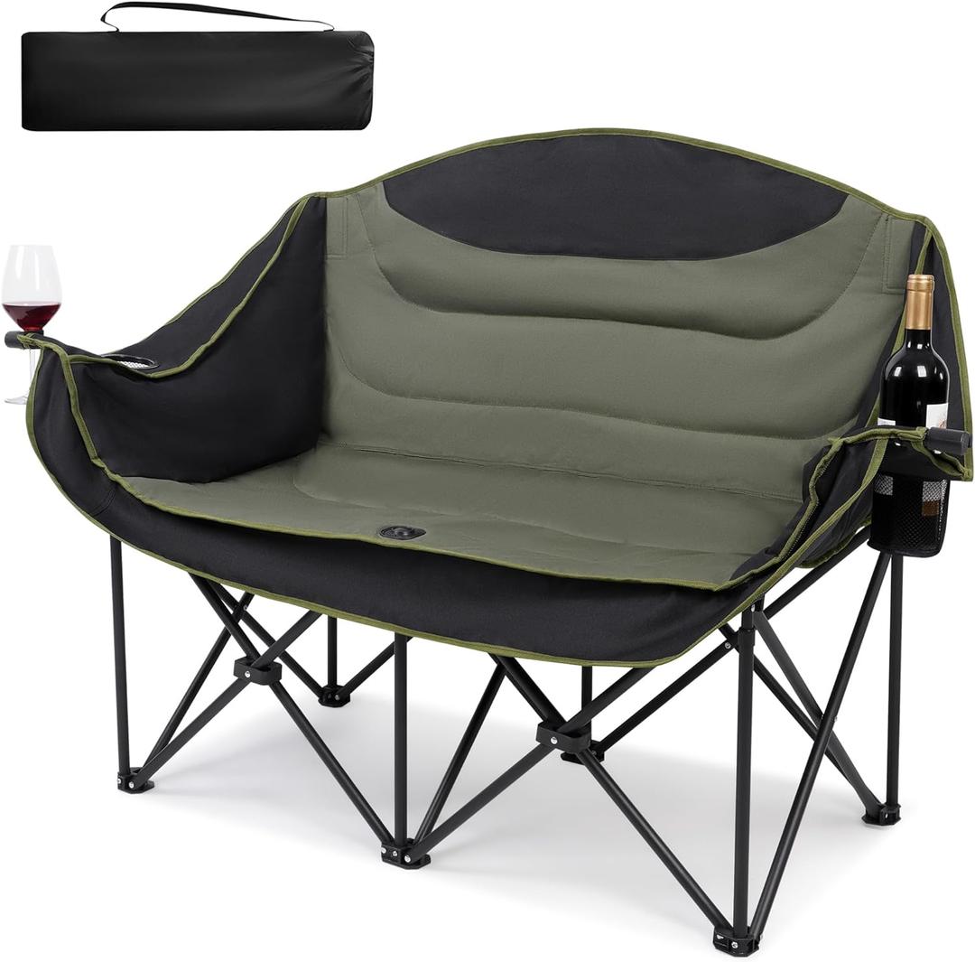 UBALANCE Double Camping Chair - Oversized Two Person Camp Chair with 650 lb. Load Capacity - Army Green - Ideal Camping Gear for Outdoor Adventures