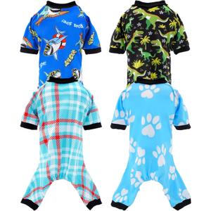 PET SHOW 4 Pack Summer Dog Pajamas Dinosaur Shark Clothes for Small Medium Dogs Boy Soft Stretchy PJs Plaid Jumpsuit Dog Paw Onesies Outfits with Sleeve Pets Breathable Costume XL