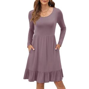 LILBETTER Women Casual Long Sleeve Knee Length Dresses Round Neck Pleated Fall Dress with Pockets 2024 (XX-Large, Mauve)