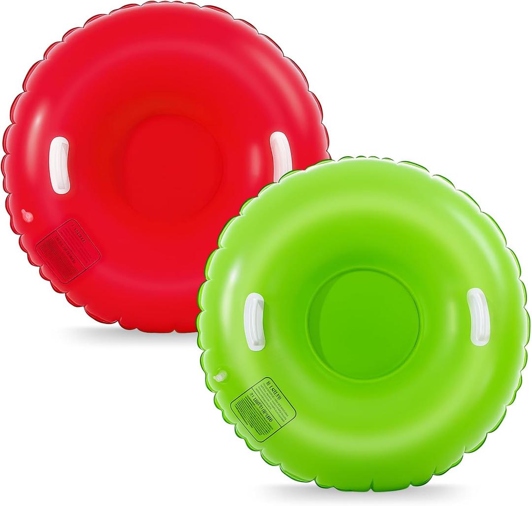 Shappy 2 Pack 36'' 40'' 47'' Snow Tube Inflatable Snow Sleds Heavy Duty Sleds Adults for Winter Outdoor Sports Toboggan with Handles Thickened Bottom (Red, Green)