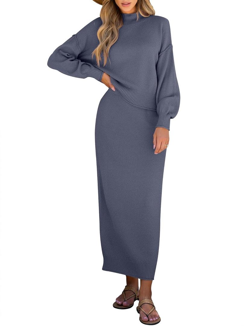 Caracilia 2 Piece Skirt Set for Women Sweater Dress Long Sleeve Oversized Tops Matching Maxi Skirts 2025 Fall Outfits Clothes Small