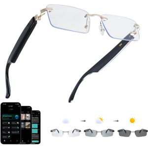 AI Translation Glasses, Bluetooth Eyeglasses with Real-Time Translator for 164 Languages, Photochromic Spring Hinge Bluetooth Glasses with Speakers, Rimless Smart Glasses for Travel/Work/Study (Gold)