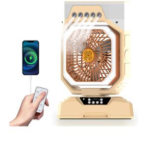 Weljoy Desk Fan 5 Sprayers Rechargeable Misting Fan for Camping & Home – 5 Speed Portable Cooling Fan with Mist 560ml Water Tank Aromatherapy Diffuser Timer 27000mAh Fast-Charging Battery(Biege)