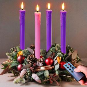 Set of 4 LED Christmas Candle Lights, Battery Operated Taper Candles for Advent Wreath, 3 Purple 1 Rose Flickering Wax Flameless Candles for Holiday School Church Celebration