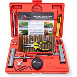 Tire Repair Kit by Boulder Tools - Heavy Duty Plug Kit for Cars, Trucks, Motorcycles, ATVs - Complete Flat Fix Automotive Tools Set with Storage Case, Valve Tool, Pliers, and Repair Plugs