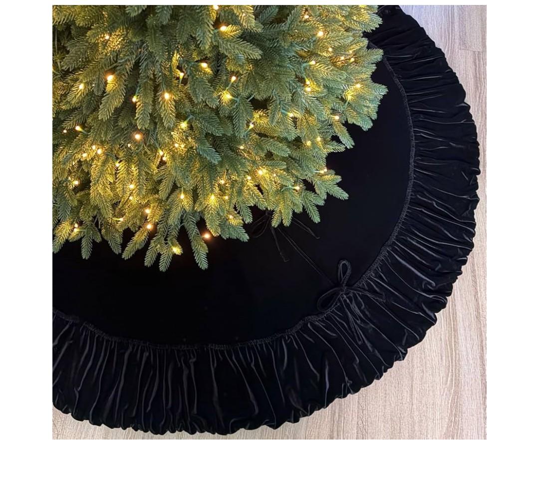 Starry Dynamo 60Inch Ruffled Velvet Christmas Tree Skirt with Foam Padding, Nylon Backing and LaceUp Tie Closure, Black