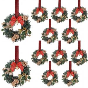 Zeyune 12 Pcs Small Christmas Wreaths for Kitchen Cabinets with Plaid Bow Ribbon Hanging Mini Christmas Cabinet Door Wreaths Decor for Kitchen Window Outdoor Indoor Holiday Decor, 14.96 x 7.87''
