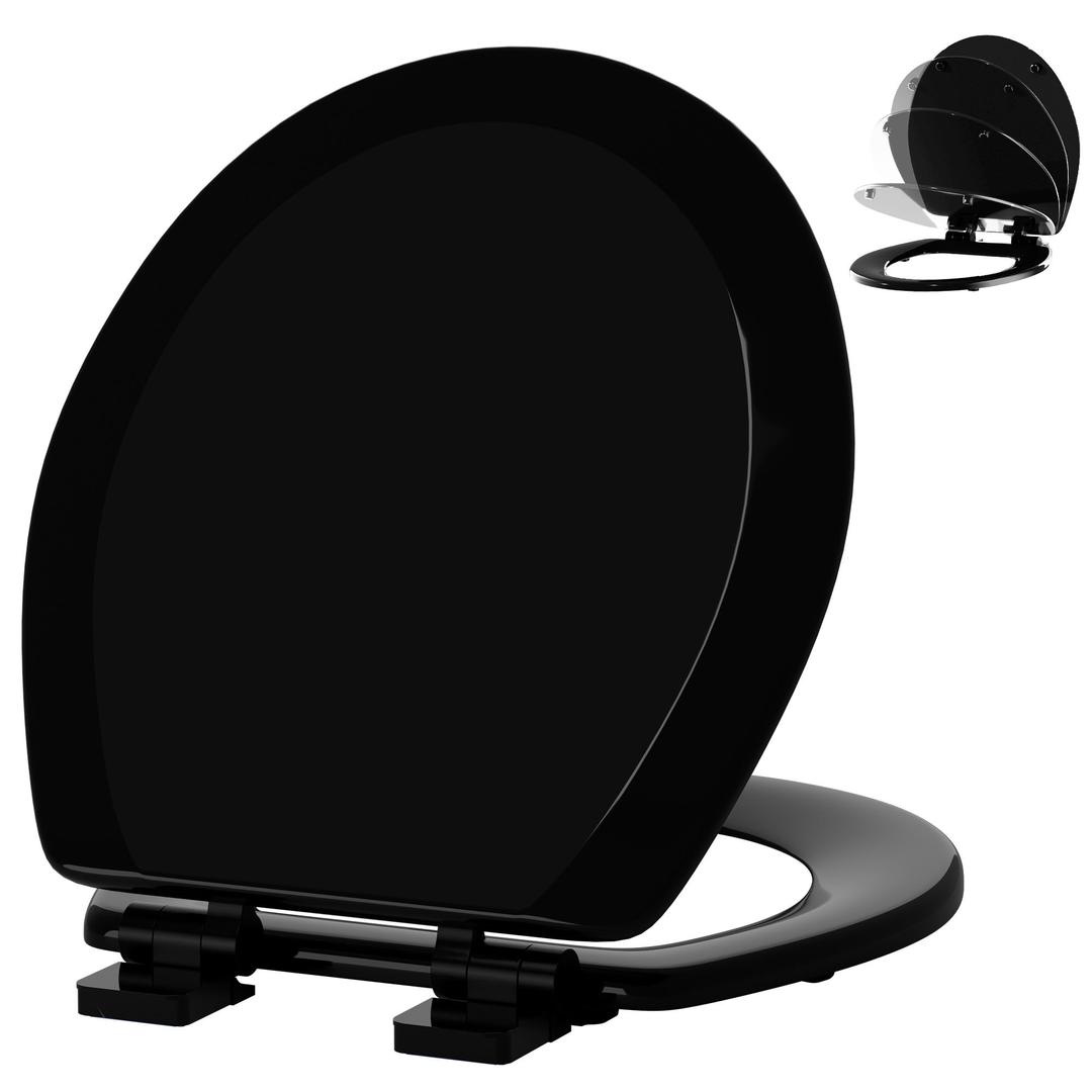 Angol Shiold Quiet-Close Molded Wood Toilet Seat with Non-Slip Adjustable Hinges, Anti-Pinch Bumpers, Easy Install & CleanBlack, Round 16.5''