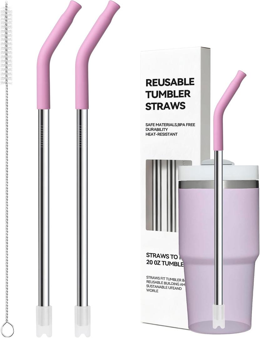 Metal Straws for Stanley Cups 14 oz & 20 oz,Replacement Stainless Steel Short Straw with Silicone Tip Reusable for Stanley Quencher H2.0 Small Tumbler,Dishwasher Safe,100% BPA Free(8.6 Purplish Pink)