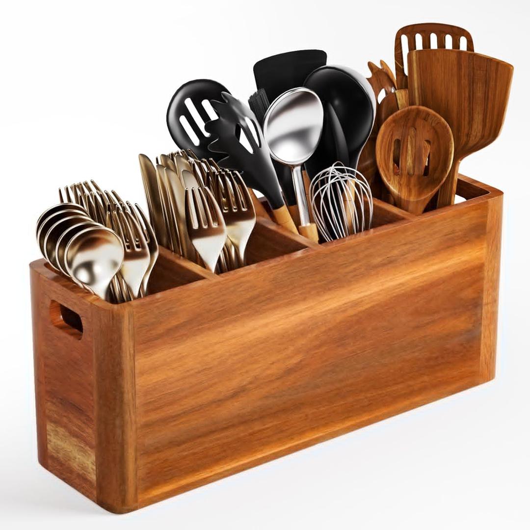 Extra Large Utensil Holder for Kitchen Counter, Acacia Wooden Utensil Holder with 4 Compartment, Kitchen Counter Organizer for Storage Spatula and Silverware, Ideal Christmas Gift for Farmhouse Decor