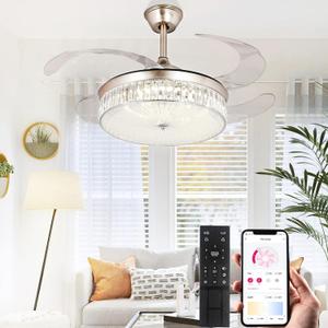 STERREN 42 Inch Crystal Ceiling Fan with Light,Modern Retractable Flush Mount Low Profile Bladeless Chandelier Ceiling Fan with Lights and Remote for Bedroom Living Room Fandelier (Brush Nickel)