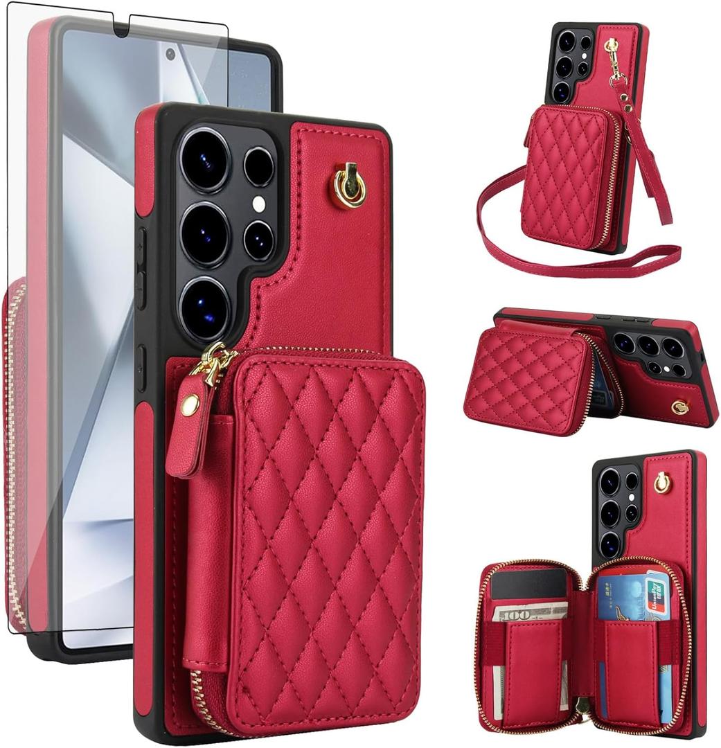 Phone Case for Samsung Galaxy S25 Ultra 5G Wallet Cell Cover with Tempered Glass Screen Protector Wrist Crossbody Strap RFID Blocking Card Holder TPU S25Ultra 25S S 25 25Ultra 6.9 2025 Women Girls Red